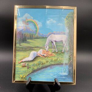Vtg Judy Mastrangelo Sleeping Unicorn Dreams Fantasy Art Framed in Plexiglass